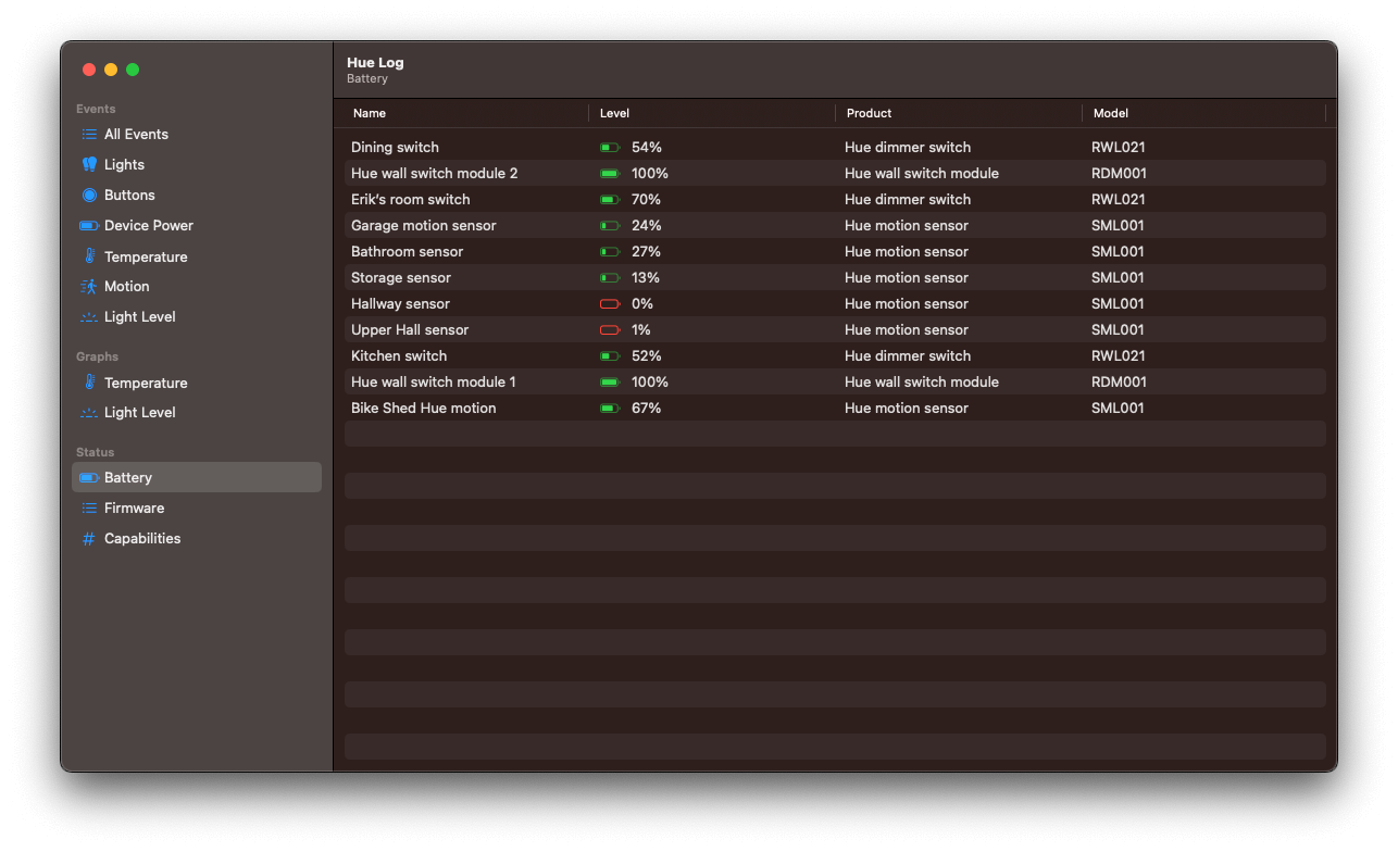 Screenshot of the battery status view in Hue Log
