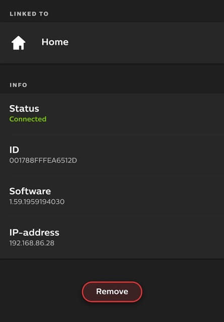Screenshot of the bridge info view in the Philips Hue mobile app for iOS