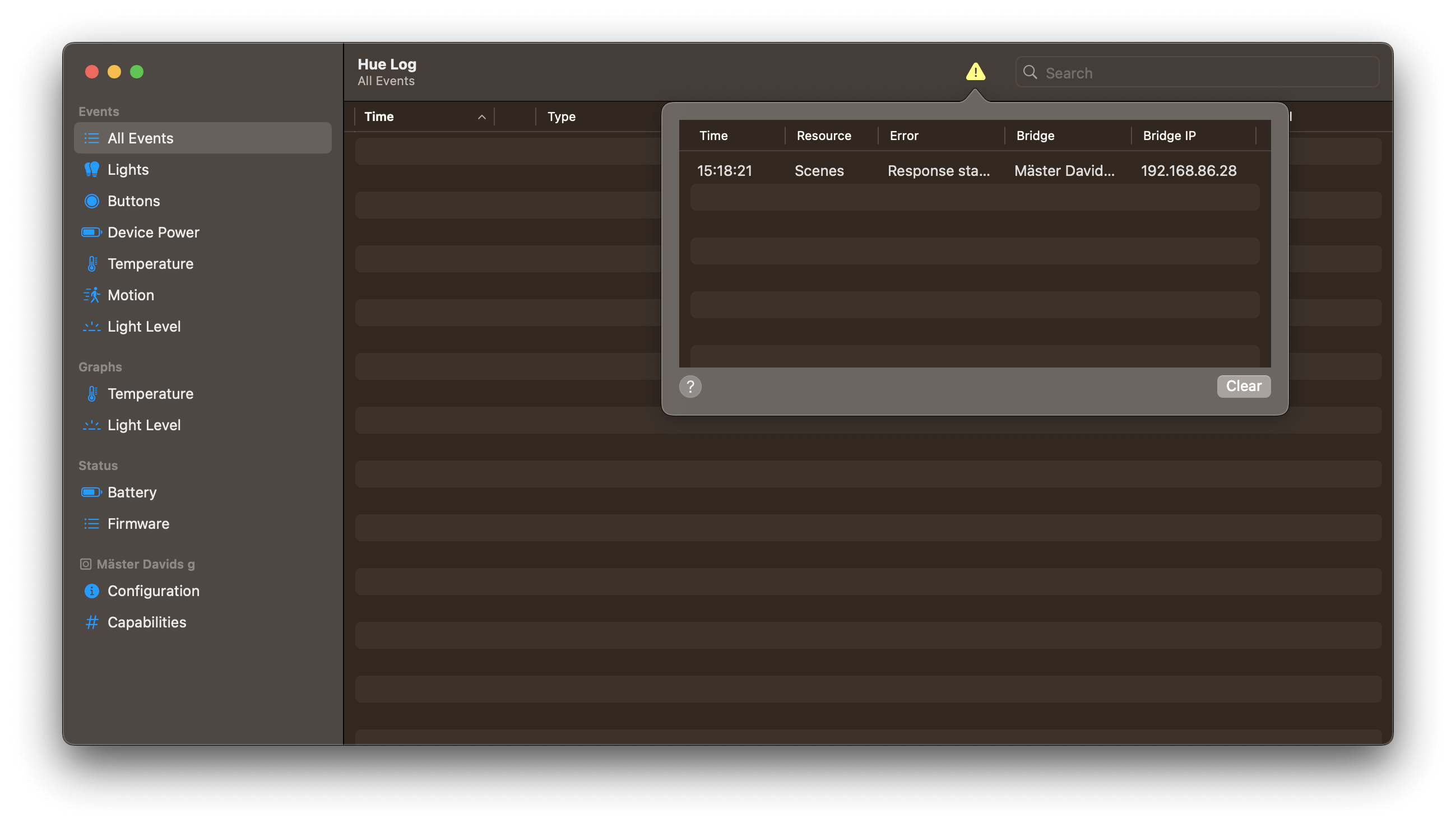 Screenshot of the error message view in Hue Log