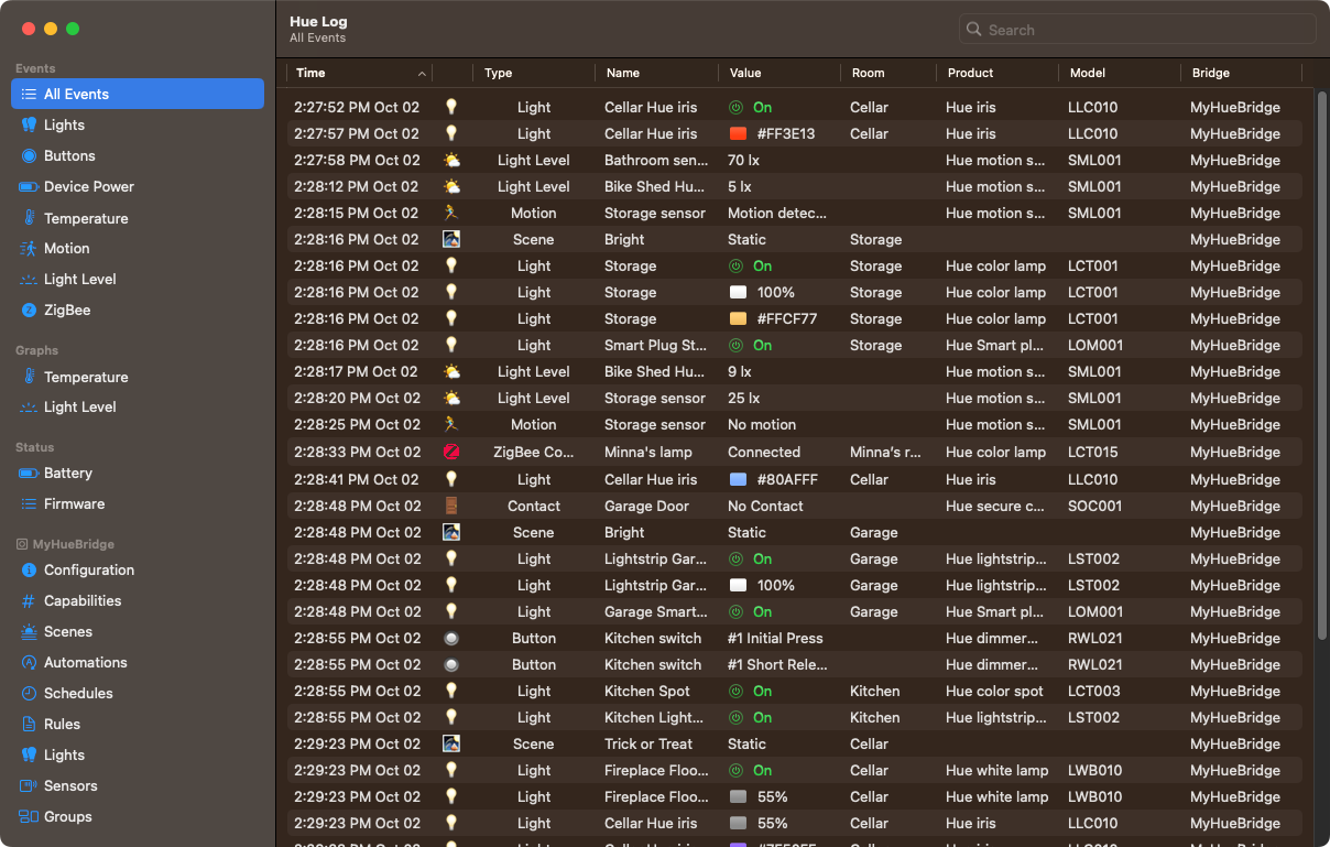 Screenshot of Hue Log showing a log history of events from the Philips Hue bridge